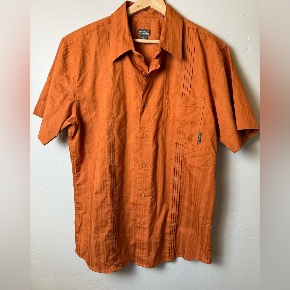 Royal Robbins Short Sleeve Button-Up Shirt Orange Textured 100% Cotton Large